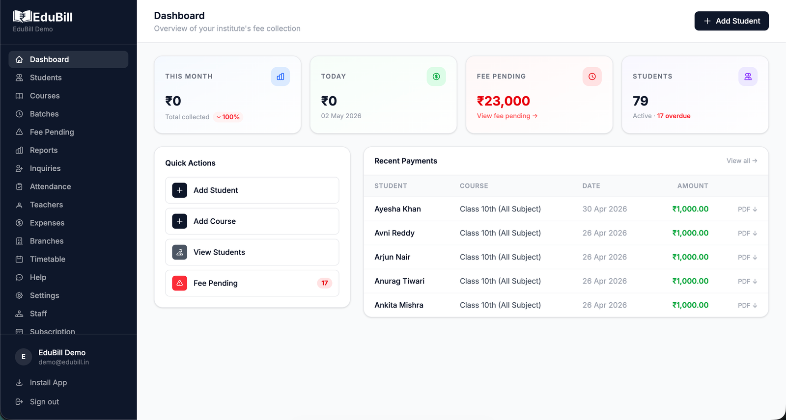 EduBill dashboard – fee management solution for coaching centres